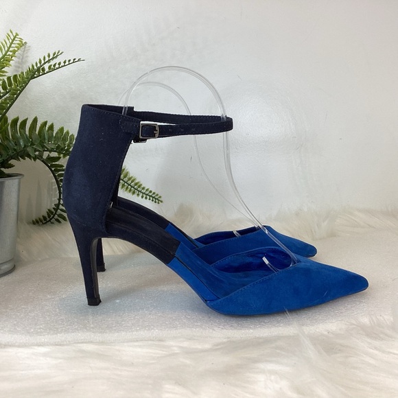 ZARA ANKLE STRAP POINTY TOE HEELS VEGAN LEATHER BLUE BLACK SZ EUR 39 US 9 - Picture 2 of 9